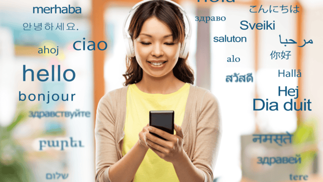 woman surrounded by hello in different languages